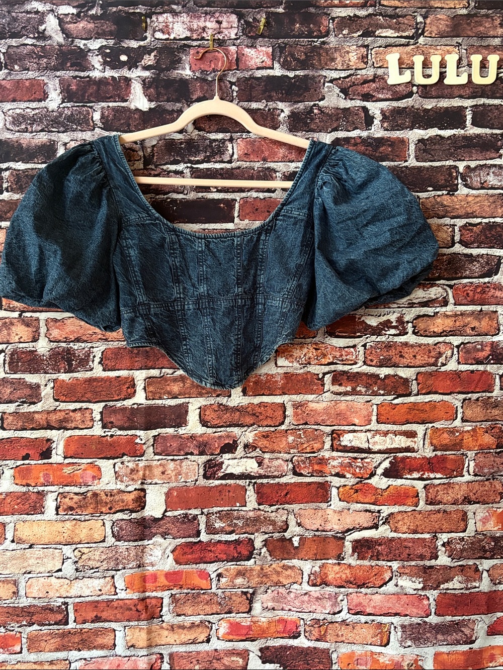 Denim Puff Sleeve Corsette Style Crop Top - Blue Denim Size small